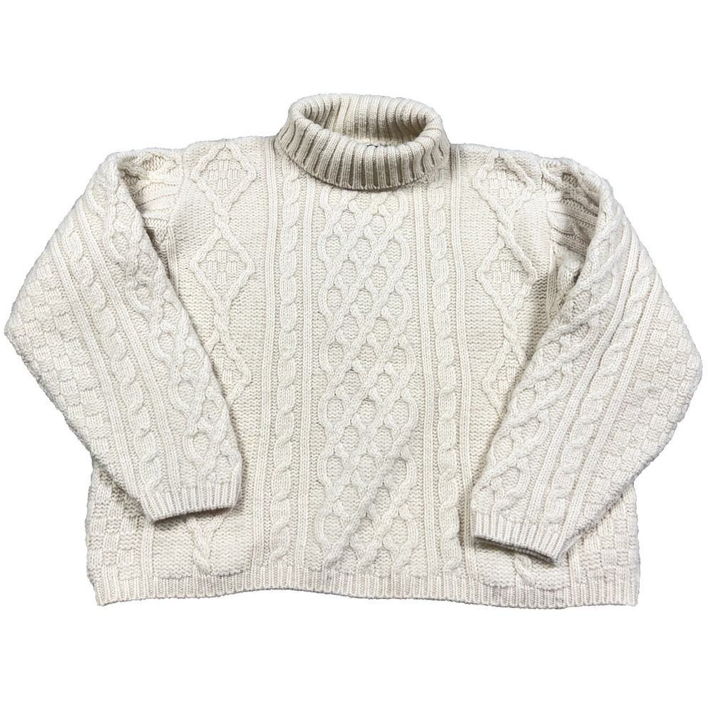 Callan Country Sweater Women Medium Cream Heavy‎ Wool Cable Knit Fishermen VTG